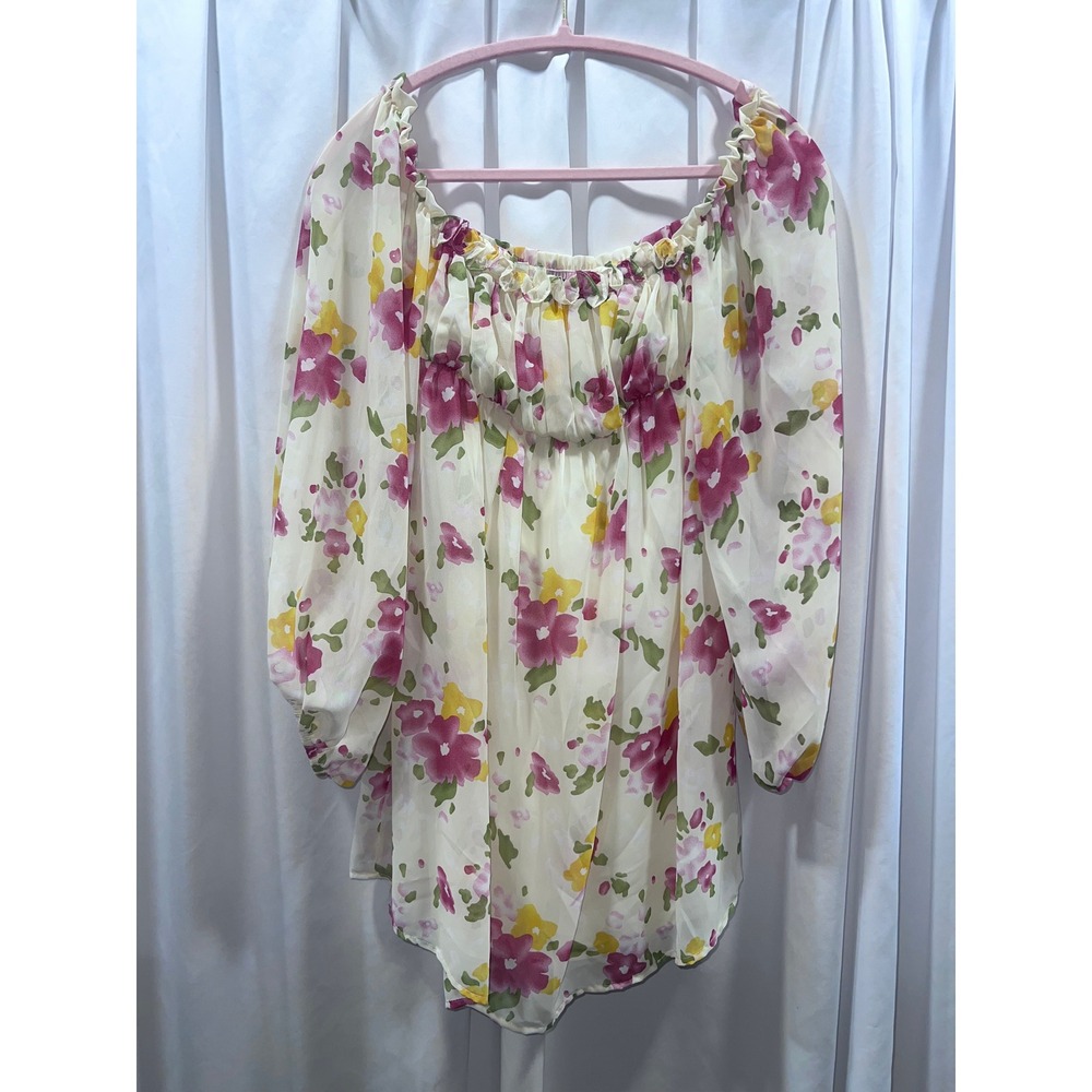 Basically Me Floral Chiffon Pink Yellow Ruffle Neck Balloon Sleeve MIni Dress M